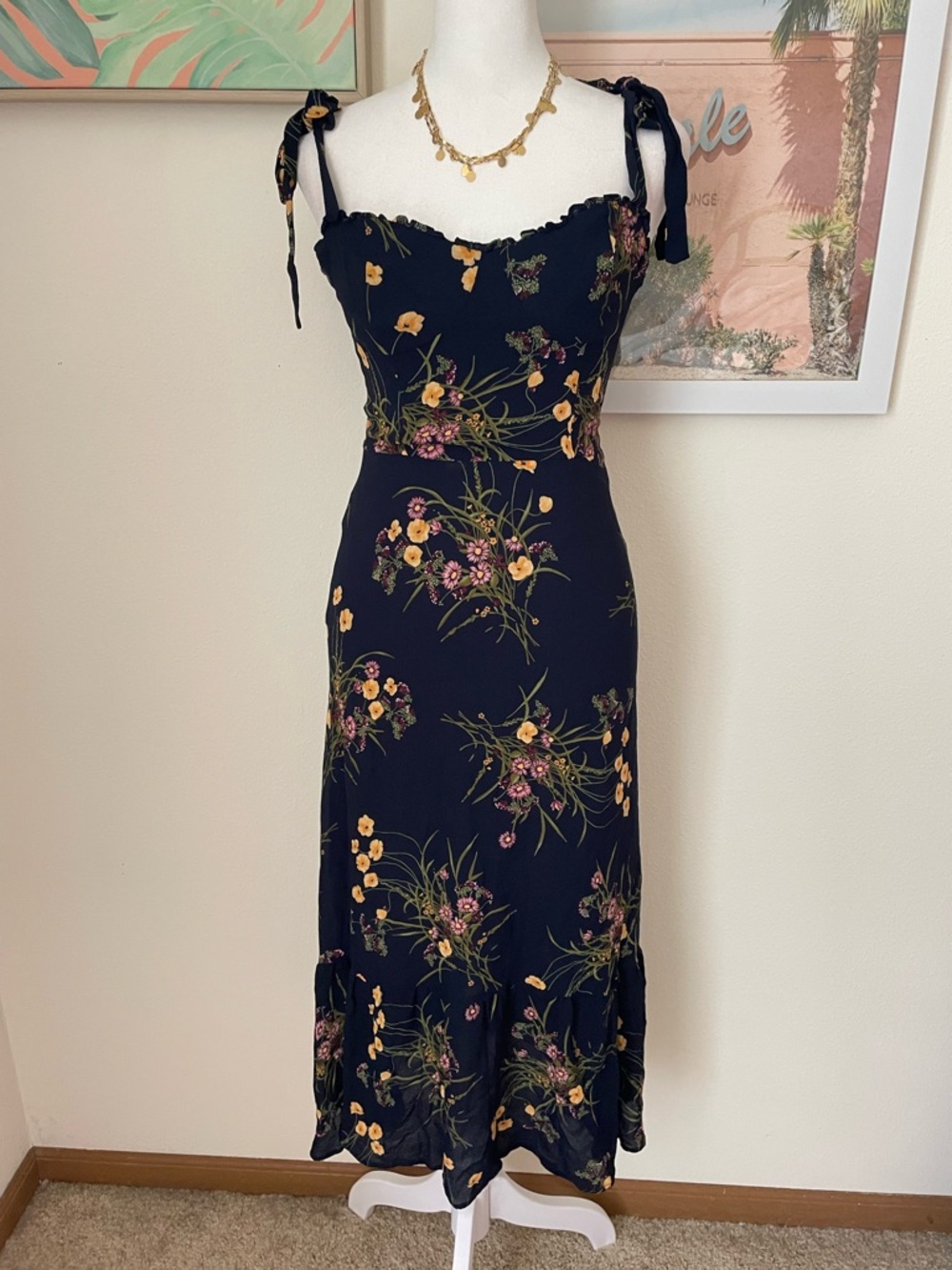 Reformation Black Floral Midi Dress with Yellow and Pink Accents